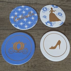 Disney Princess Cinderella 4 x Coasters Gold Designs Ceramic w/cork back new!